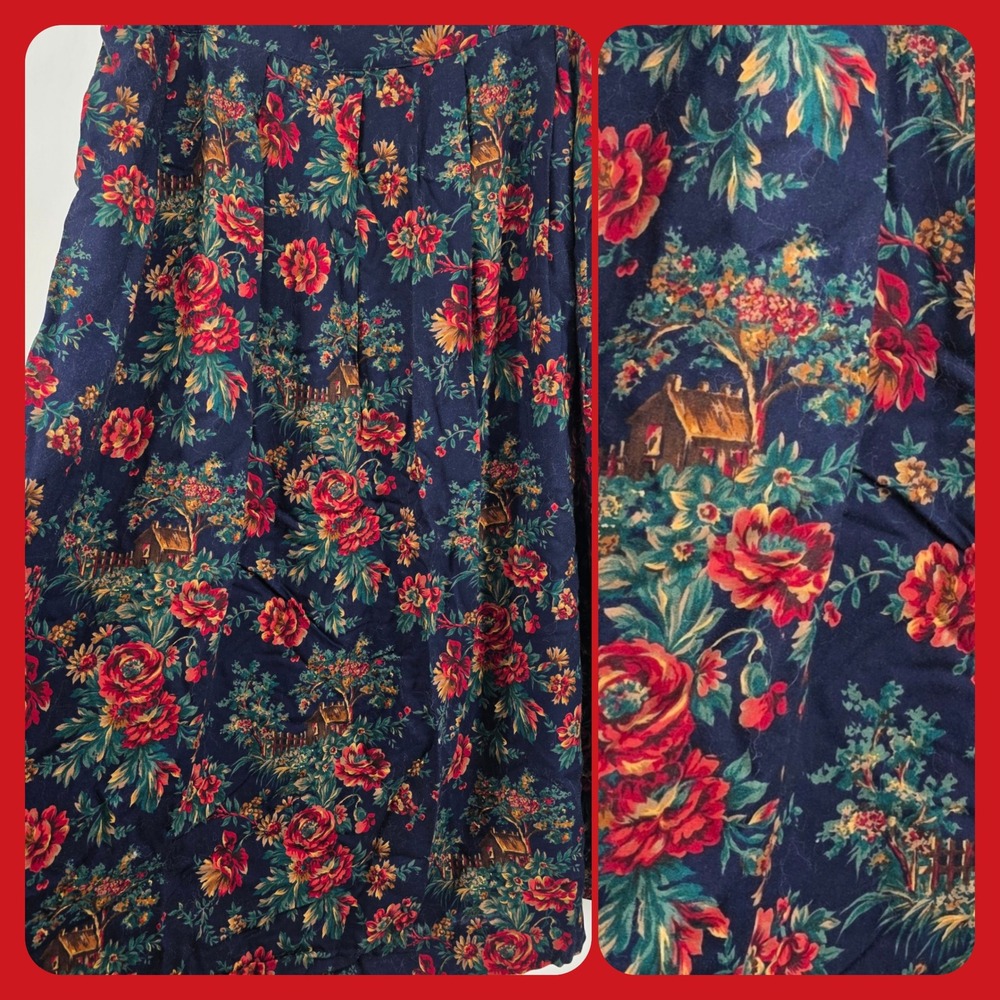 Koret vintage 24W Navy Floral Cottagecore Prairie Skirt Full Midi‎ Length roses